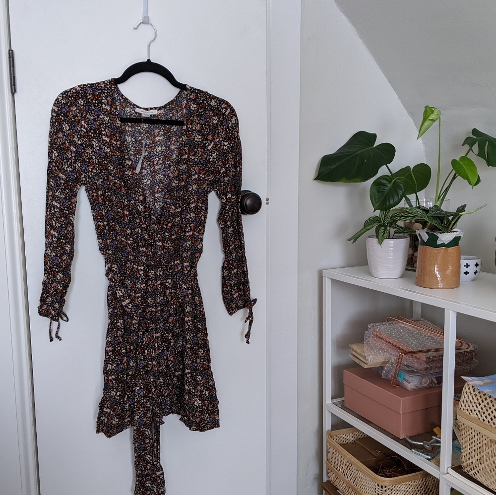 Floral Faux Wrap Mini Long Sleeve Dress